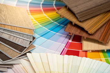 Wall Mural - set of rainbow color swatch with wood laminate material samples and wooden tile texture collection. 