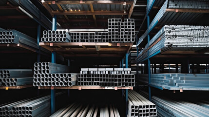 Wall Mural - Shelves of Steel Pipe Industry Construction stacked in the warehouse