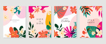 Set Of Abstract Floral Invitation Card Background Vector. Hand Drawn Vibrant Color Botanical Flower And Leaf Branch Cover. Design Illustration For Flyer, Poster, Banner, Brochure, Wedding, Birthday.