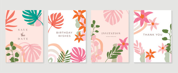 Set of abstract floral invitation card background vector. Hand drawn vibrant color botanical flower and leaf branch cover. Design illustration for flyer, poster, banner, brochure, wedding, birthday.