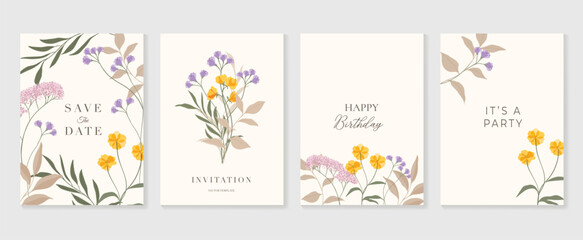 Set of abstract floral invitation card background vector. Hand drawn vibrant color botanical flower and leaf branch cover. Design illustration for flyer, poster, banner, brochure, wedding, birthday.