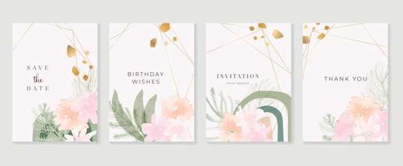 Wall Mural - Set of luxury floral invitation card background vector. Hand drawn botanical flower, leaf branch with watercolor texture. Design illustration for flyer, poster, banner, brochure, wedding, birthday.