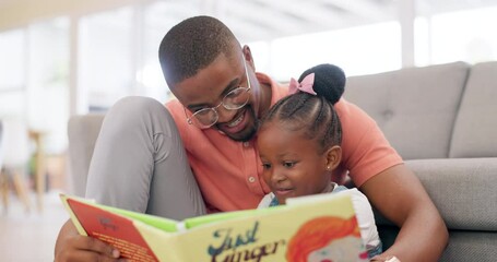 Wall Mural - Reading, father and story with girl for learning in lounge for education or quality time. Kid, books and parent for support on floor or fun with growth for child development in home with family.