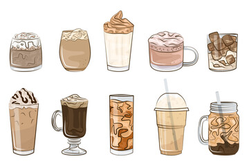 Hot and cold coffee beverage. Different types of drinks set. Flat vector illustration isolated on white background