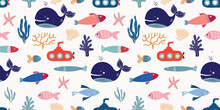 Summer Marine Seamless Pattern With Cute Nautical Elements, Design Inspiration For Kids Wallpaper, Fabric, Wrapping Paper