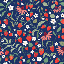 Summer Seamless Pattern With Wild Strawberries And Flowers, Seasonal Strawberry Wallpaper, Cute Design For Fabric, Interior Decor, Wrapping Paper