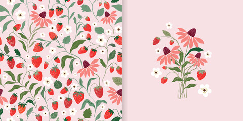 summer seamless pattern and card design with wild strawberries and flowers, seasonal strawberry wall