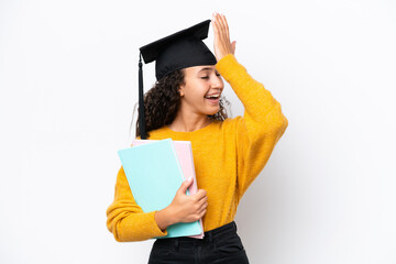 Wall Mural - Arab university graduate woman holding books isolated on white background has realized something and intending the solution