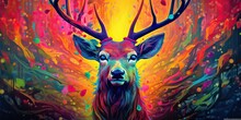 AI Generated. AI Generative. Psychedelic  Stag Deer Animal. Ink Brush Draw Paint Sketch Street Art Vibrant Colors. Wild Life Mammal Nature Style. Graphic Art