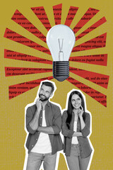 Poster - Vertical collage image of two black white gamma minded people big light bulb book page text isolated on khaki background