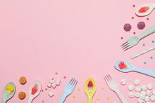 Plastic Cutlery, Jelly Candies And Marshmallows On Pink Background, Space For Text