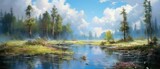 Fototapeta Natura - Idyllic forest wetland on a sunrise misty morning with distant rain clouds, early autumn picturesque woodland landscape with conifer pine trees next to shallow river stream - generative AI
