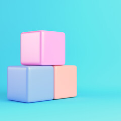 Three colorfull boxes on bright blue background in pastel colors. Minimalism concept