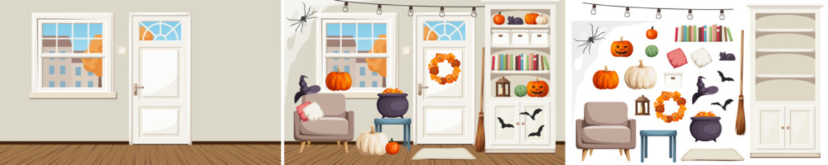 Autumn living room decorated for Halloween. Empty room and furniture set. Interior constructor. Cartoon vector illustration