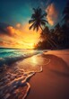 Tropischer Sandstrand mit Palmen in einem extrem hübschen Sonnenuntergang.