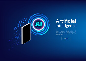 Poster - AI logo with smartphone. Chat with ai. Artificial intelligence processing technology. Blue background futuristic. Future cooperation. AI thinking. Machine learning modern design banner cover poster 