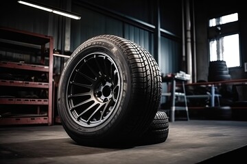 Mechanic service is changing new tires and wheels. on the garage background