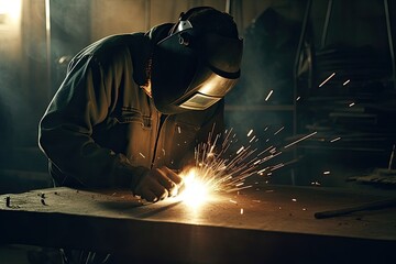 Industrial worker with protective mask welding steel structure in a factory