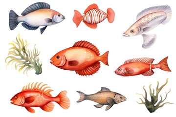 Wall Mural - Watercolor sea creatures clip art on white background Generative AI