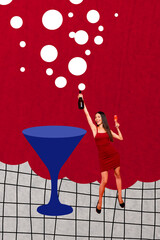 Canvas Print - Vertical collage picture of mini excited girl hold champagne bottle huge cocktail glass isolated on drawing red background