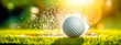 white golf ball hitting the green lawn causes a splash of water drops, sunset, banner made with Generative AI