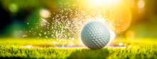 White Golf Ball Hitting The Green Lawn Causes A Splash Of Water Drops, Sunset, Banner Made With Generative AI