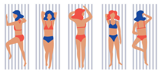 Wall Mural - Isolated set of vector  hand drawn female silhouette in bikini. Summer print. Sketch girl in swimsuit, woman sunbathing on the beach, pool. Vector cartoon simple style illustration. Sea Doodle pattern