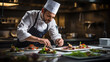 © PaulShlykov - Cook man neatly decorates the dish. young professional chef adding some piquancy to meal. in modern kitchen, at work in uniform