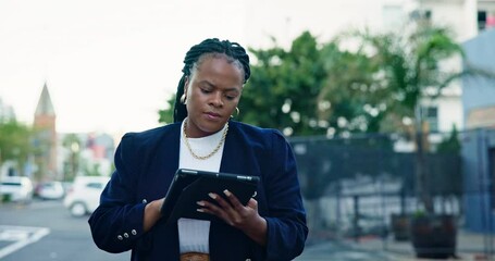 Aufkleber - Professional, woman and walking with tablet in city for communication in outdoor for career with networking. Entrepreneur, technology and business person typing in street for work with online app.