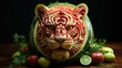 © Anchalee - Fruit and Vegetable carvings, Watermelon carving detail of tiger head, Display decoration for Hotel or Restaurant menu design,Generative Ai