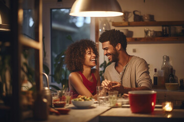 A loving couple enjoying a romantic night out, laughing and cooking together in a cozy home kitchen.