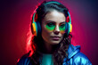 © zamuruev - Portrait of woman dj in sunglasses and headphones on colorful background. generative AI