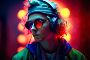 Wall Mural - Portrait of man dj in eyewear and headphones on neon dark background. generative AI