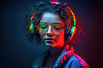 Wall Mural - Portrait of woman dj in sunglasses and headphones on dark background. generative AI