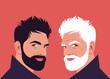 Faces of young and old men with beards in half-turns. Aging process. Hispanic family. Vector flat illustration