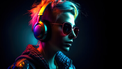 Wall Mural - Portrait of woman dj in sunglasses and headphones on dark background. generative AI