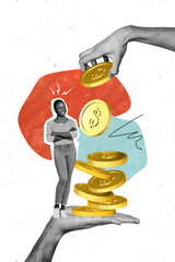 Sticker - Vertical collage image of black white effect arms hold pile stack money coins confident mini girl isolated on painted background