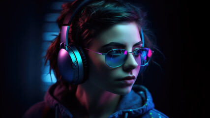 Wall Mural - Portrait of woman dj in sunglasses and headphones on dark background. generative AI