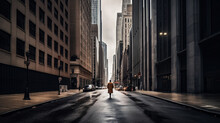 A Solitary Figure Walking Down An Empty Street With Tall Skyscrapers Looming In The Background Generative AI