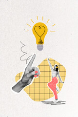 Wall Mural - Vertical collage image of mini black white effect excited girl listen music headphones dance huge arm point finger drawing light bulb