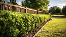 Deciduous Bushes Grow Along The Fence Near The Green Lawn In Sunny Weather, Created With Generative AI Technology.