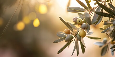 Wall Mural - Green Olive Branch on blur Nature Background with Copy Space