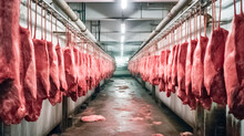 Industrial Slaughterhouse House. Raw Meat Hanging And And Processing Deposit In A Refrigerator, In A Meat Factory.

