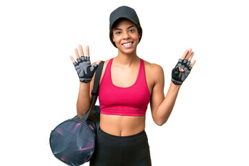 Wall Mural - Young sport African american woman with sport bag over isolated background counting nine with fingers