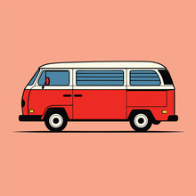 Old Style Two Colors Minivan. Side View Of Red Retro Hippie Bus, Vehicle And Transport Banner, Old Car From 60s Or 70s, Traveling By Van, Campervan, Camping, Motorhome. 
