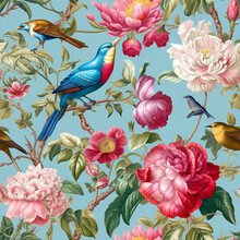 Wall Mural With Exotic Flowers And Birds, Seamless Pattern, Generative AI