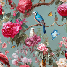 Wall Mural With Exotic Flowers And Birds, Generative AI