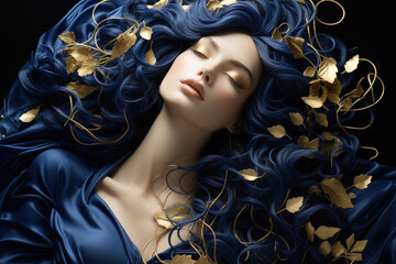 Wall Mural - A woman with blue hair and gold leaves on her head. Generative AI.