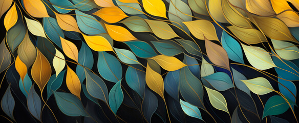 Wall Mural - Panorama of an abstract pattern of elegant leaves in shades of gold, green, and black.