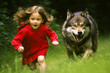 Enthralling scene of a brave little girl in red hood entrapped in fairy-tale chase with a menacing wolf; emanates adventure and nostalgia. Generative AI
